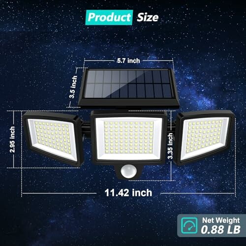 Adjustable solar LED light with dimensions and weight.