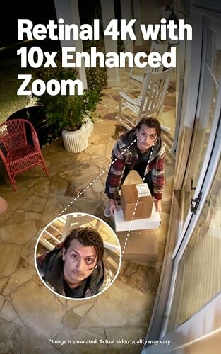 Security camera footage showing a person on a porch carrying boxes, with enhanced zoom feature.