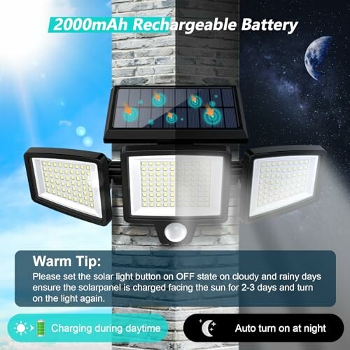 Solar security light with 2000mAh rechargeable battery.
